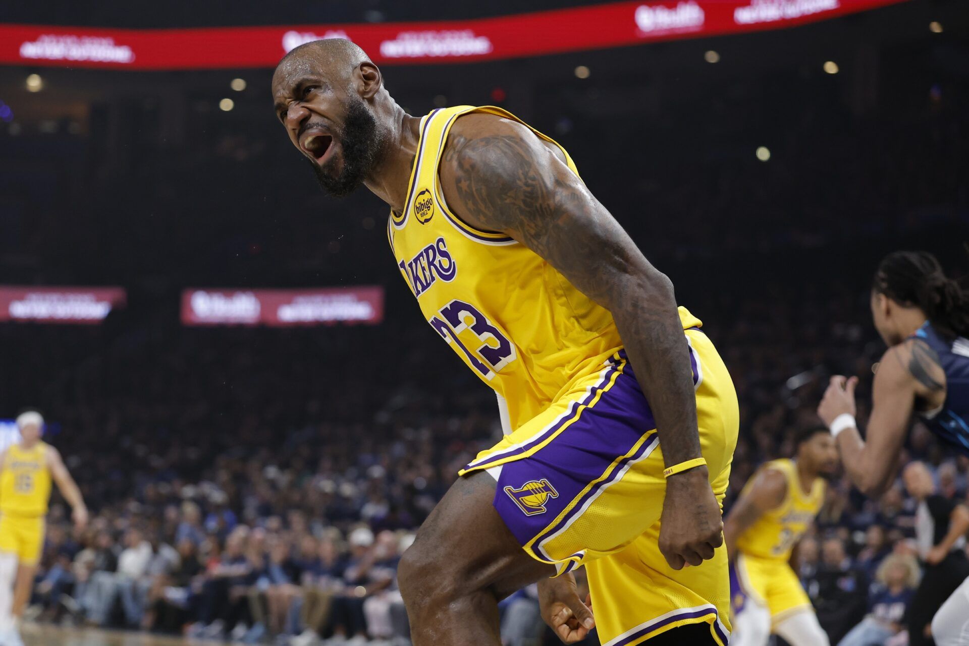 Los Angeles Lakers forward LeBron James (23) reacts after a play against the Oklahoma City Thunder in the first half during game two of the second round of the 2026 NBA Playoffs at Paycom Center.
