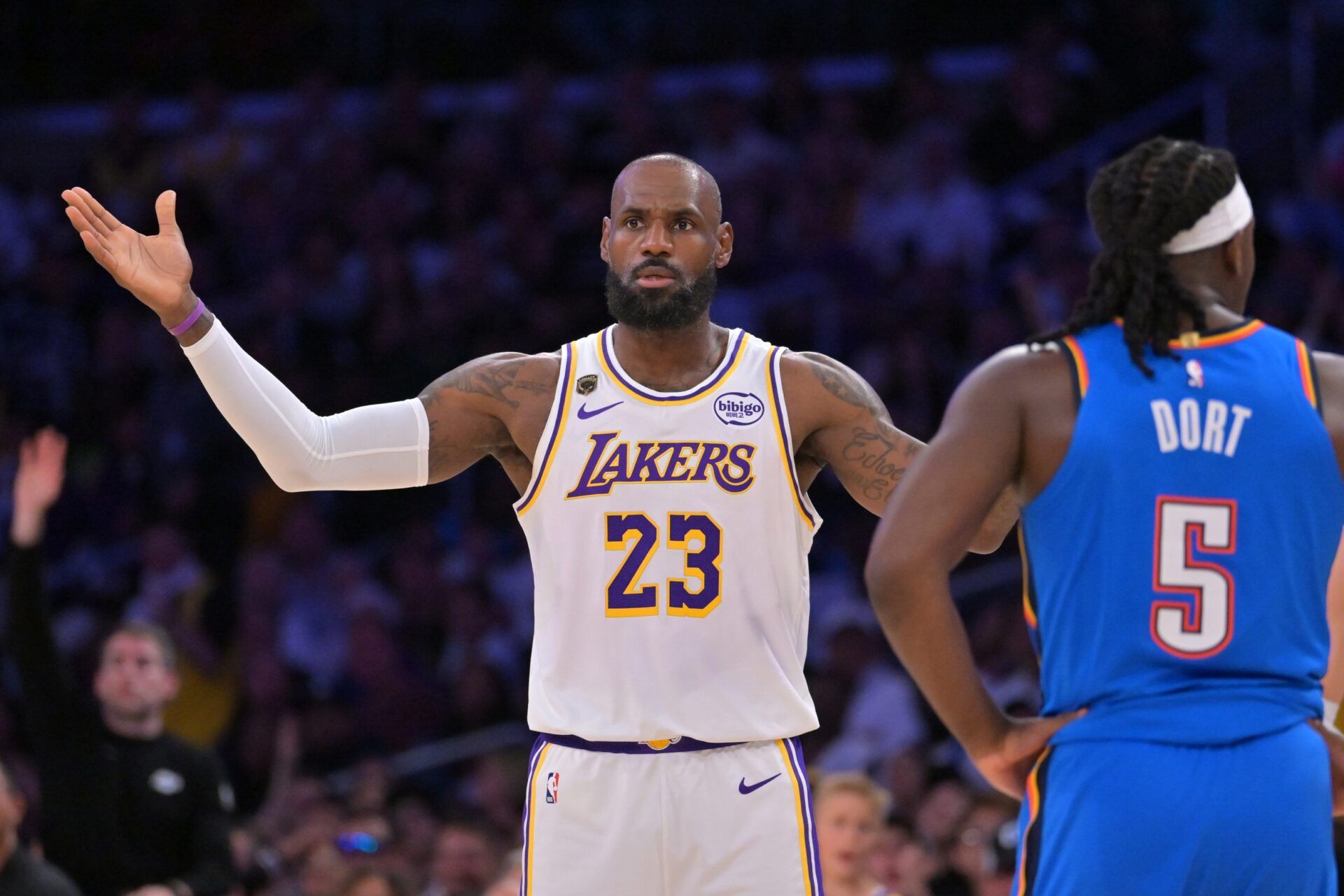 Los Angeles Lakers forward LeBron James (23) looks for a foul call during the first quarter of game three of the second round of the 2026 NBA Playoffs against the Oklahoma City Thunder at Crypto.com Arena.