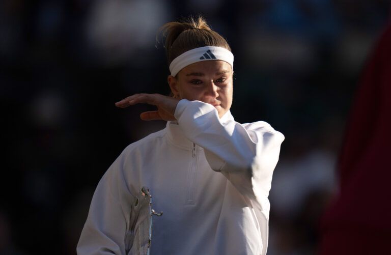 Karolina Muchova of the Czech Republic wipes away tears at the trophy presentation after losing her women’s final match against Linda Noskova of the Czech Republic  on day 13 at All England Lawn Tennis and Croquet Club.