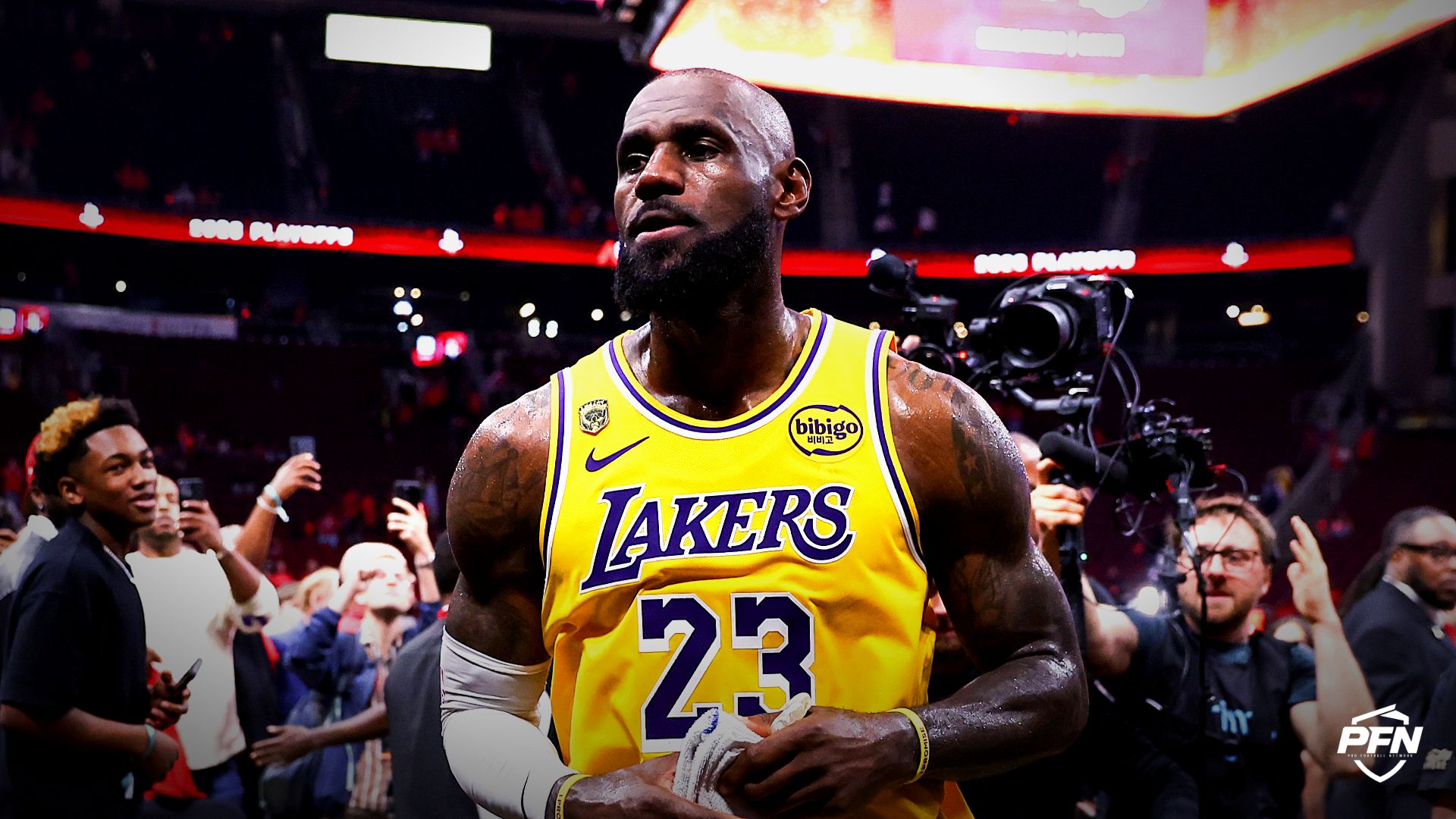 Los Angeles Lakers forward LeBron James (23) jogs off the court after game three of the first round of the 2026 NBA Playoffs against the Houston Rockets at Toyota Center.