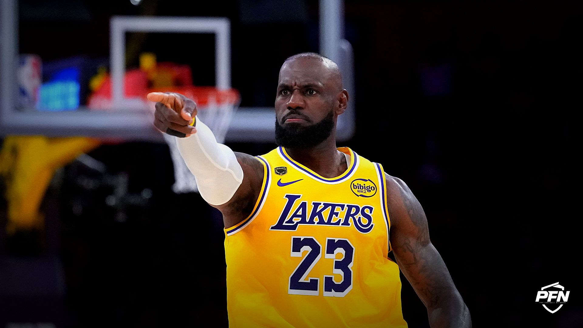 Los Angeles Lakers forward LeBron James (23) gestures against the Houston Rockets in the first half during game one of the first round of the 2026 NBA Playoffs at Crypto.com Arena.