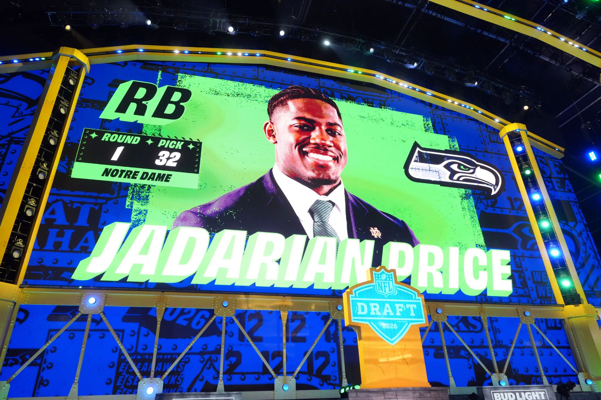 Notre Dame Fighting Irish running back Jadarian Price is selected by the Seattle Seahawks as the number 32 pick during the 2026 NFL Draft at Acrisure Stadium.