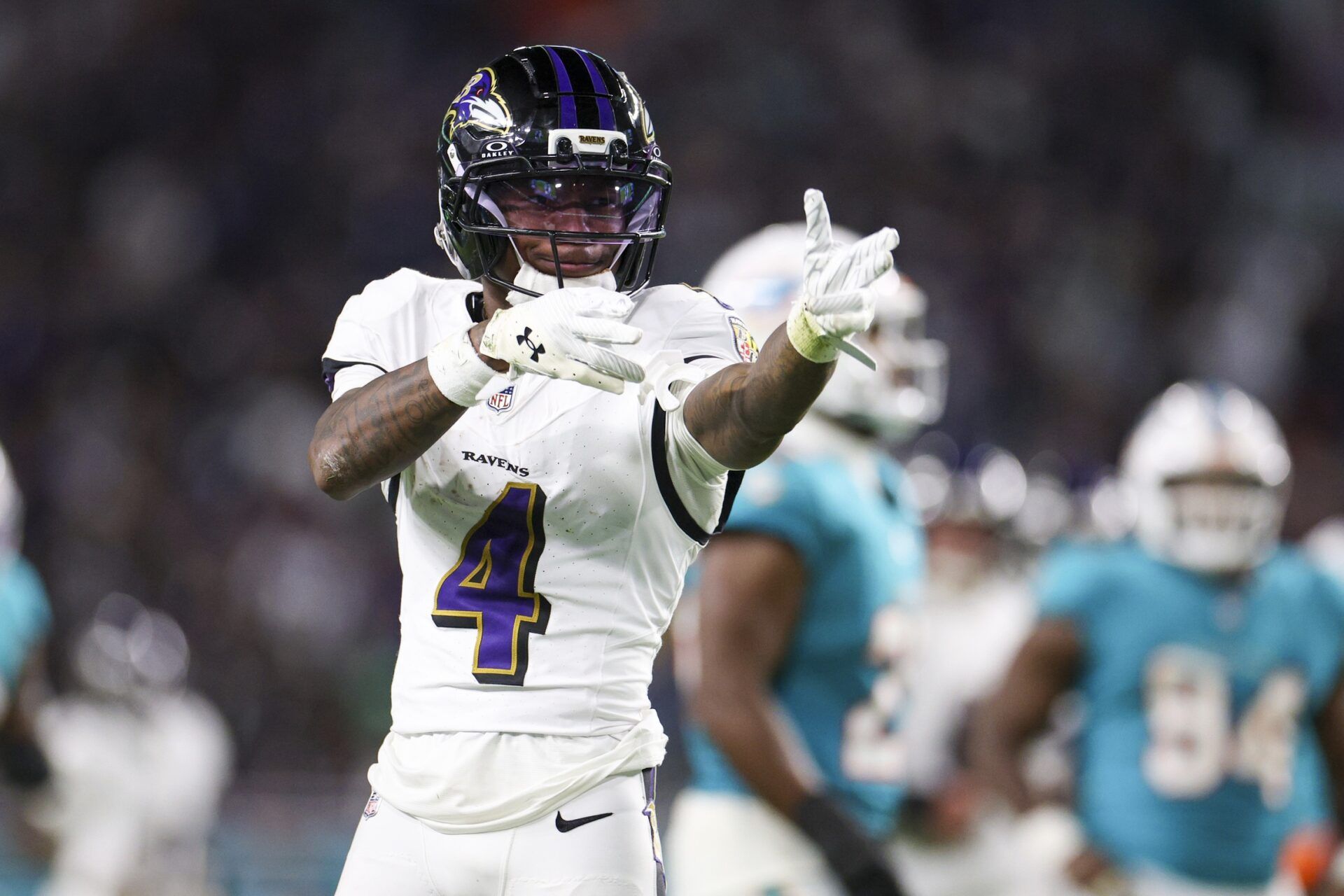 Baltimore Ravens wide receiver Zay Flowers (4) reacts after a play against the Miami Dolphins in the third quarter at Hard Rock Stadium.