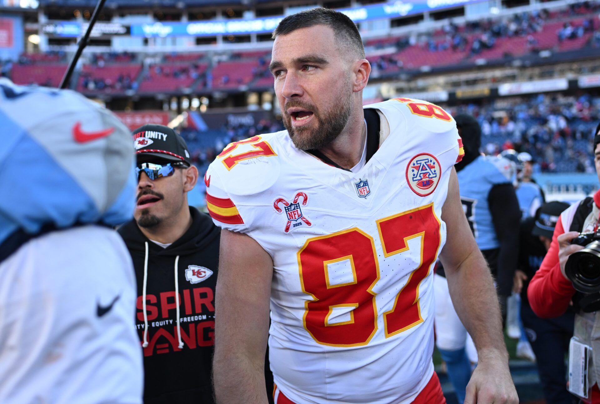 Kansas City Chiefs tight end Travis Kelce (87) after a game against the Tennessee Titans at Nissan Stadium.