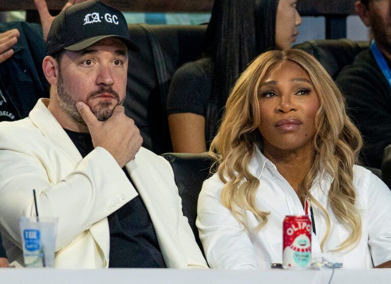Los Angeles Golf Club owners Alexis Ohanian and Serena Williams watch as their team loses to the New York Golf Club during the TGL semifinal match at SoFi Center on March 17, 2025, in Palm Beach Gardens, Florida.