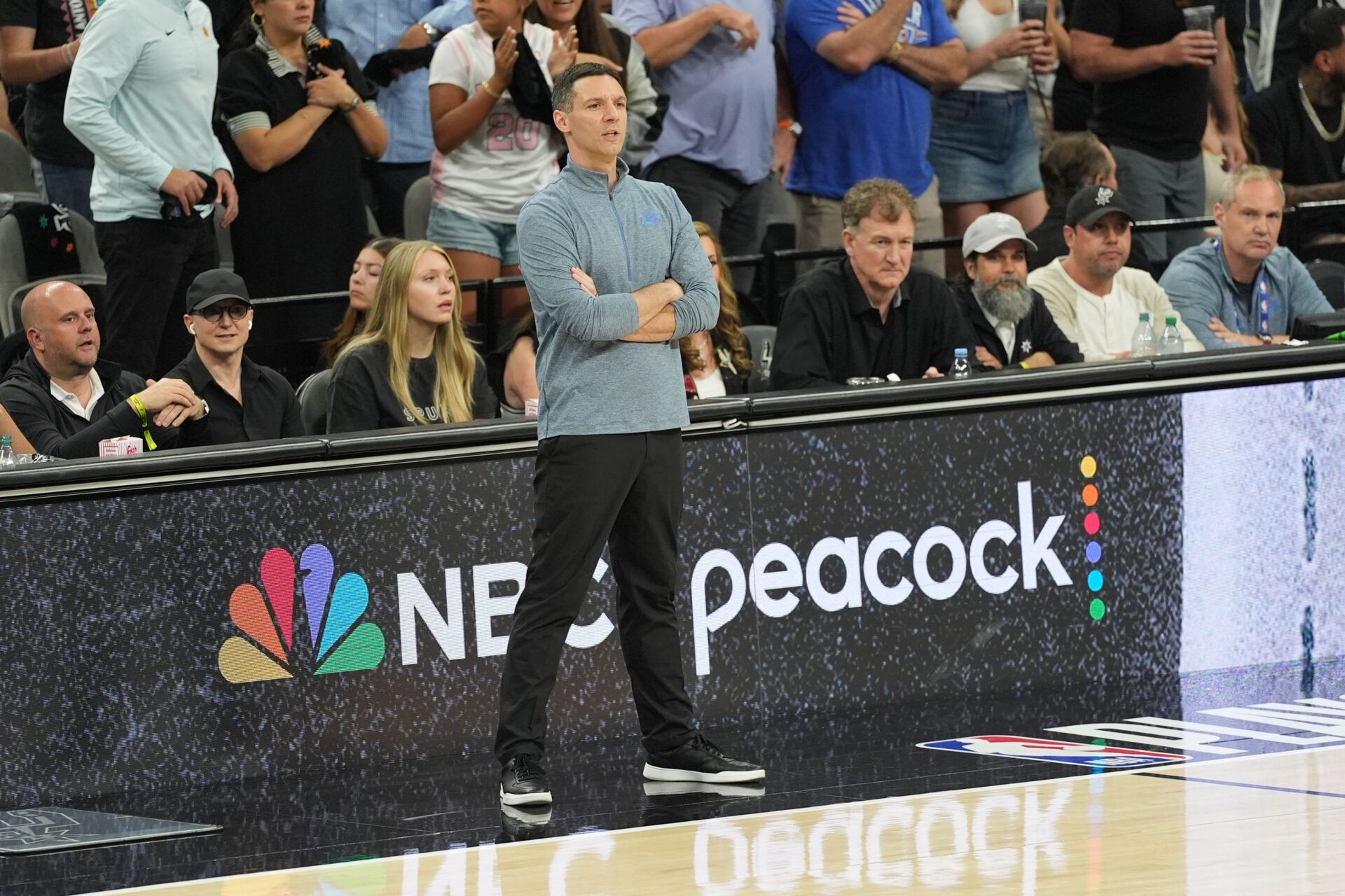 Oklahoma City Thunder head coach Mark Daigneault in the first half during game six of the western conference finals for the 2026 NBA playoffs at Frost Bank Center.
