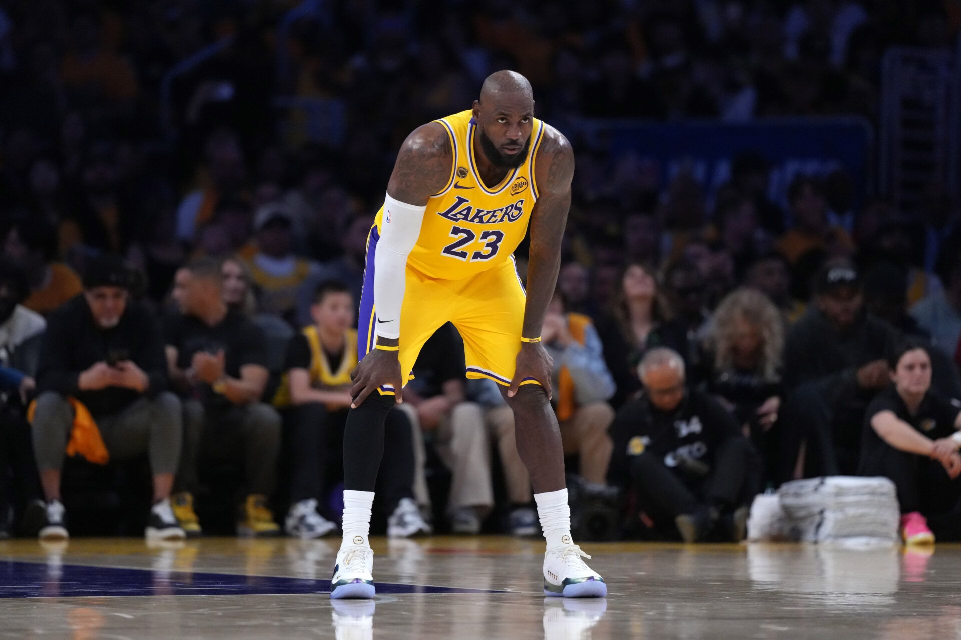 Los Angeles Lakers forward LeBron James (23) reacts in the first half against the Houston Rockets during game one of the first round of the 2026 NBA Playoffs at Crypto.com Arena.