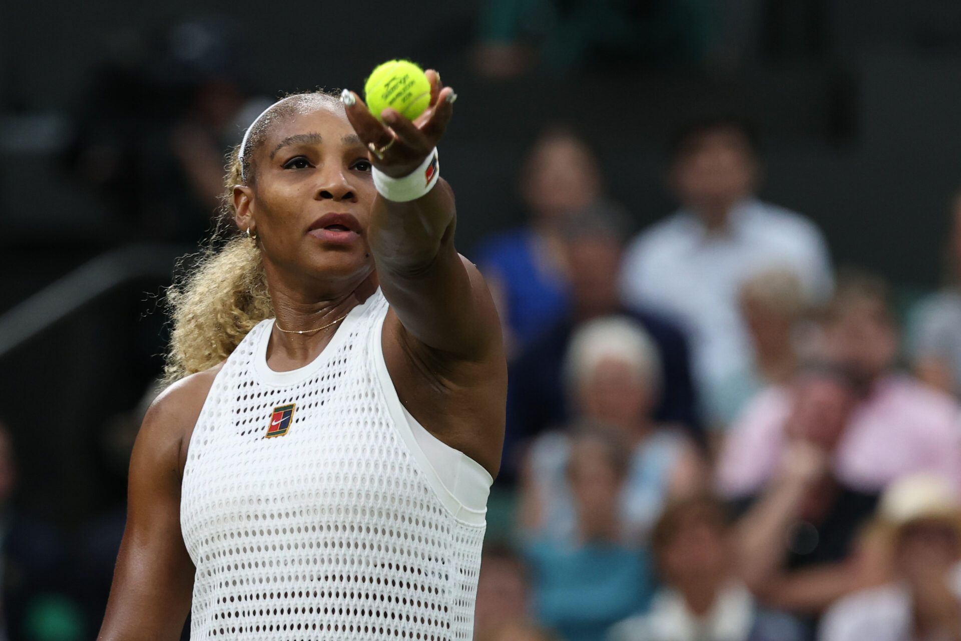 Serena Williams (USA) serves against Maya Joint (AUS) (not pictured) on day two of The Championships Wimbledon 2026 at All England Lawn Tennis and Croquet Club.