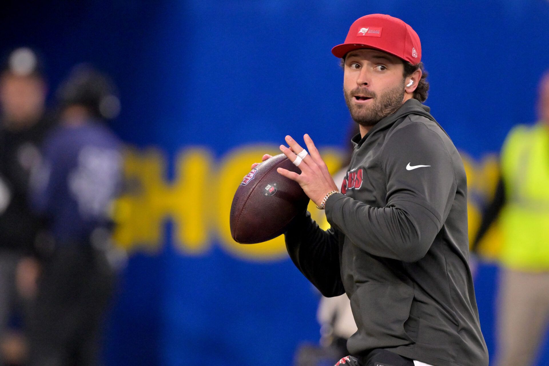 Tampa Bay Buccaneers quarterback Baker Mayfield (6) warms up prior to the game against the Los Angeles Rams at SoFi Stadium.