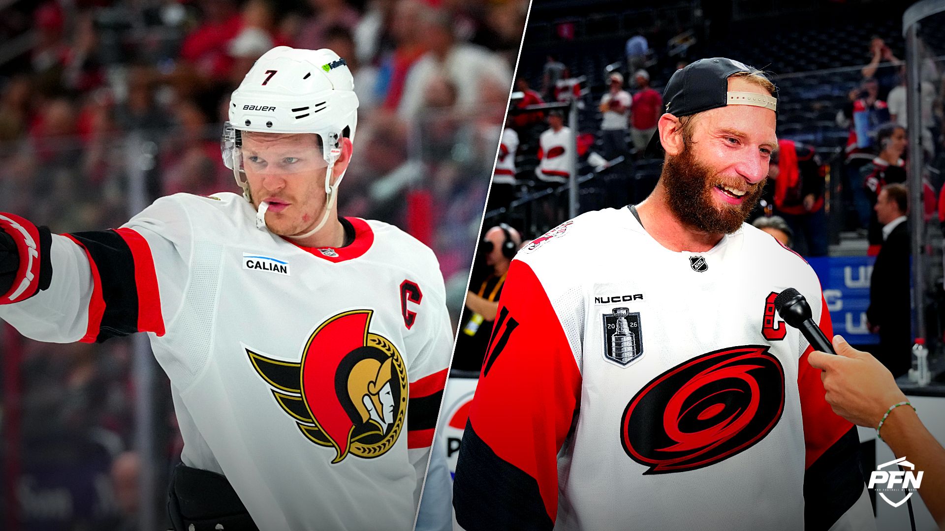 Florida Panthers' Brady Tkachuk and Carolina Hurricanes captain Jordan Staal. Image via Imagn