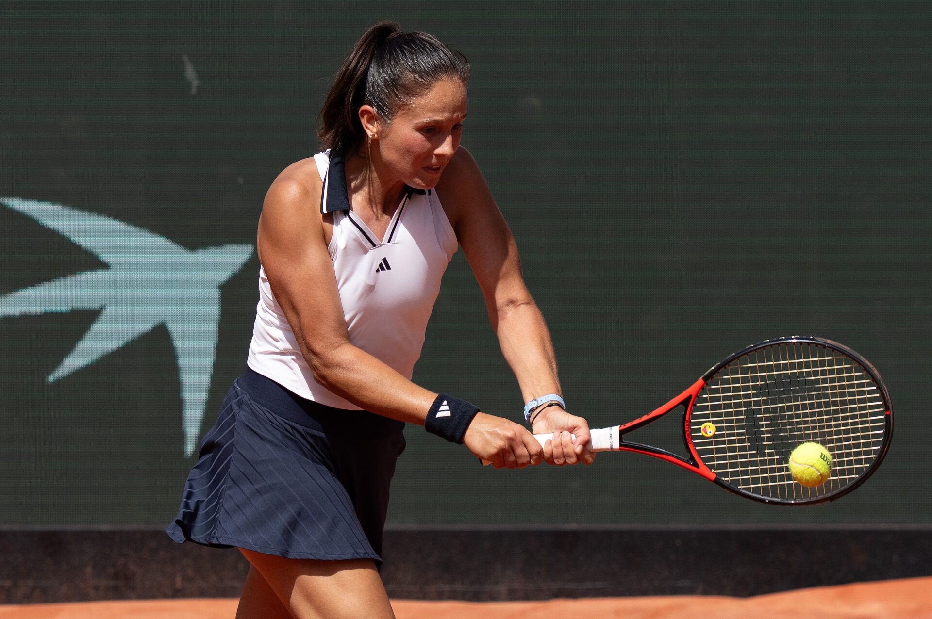 Daria Kasatkina of Australia returns a shot during her match against Aryna Sabalenka on day seven at Stade Roland Garros.