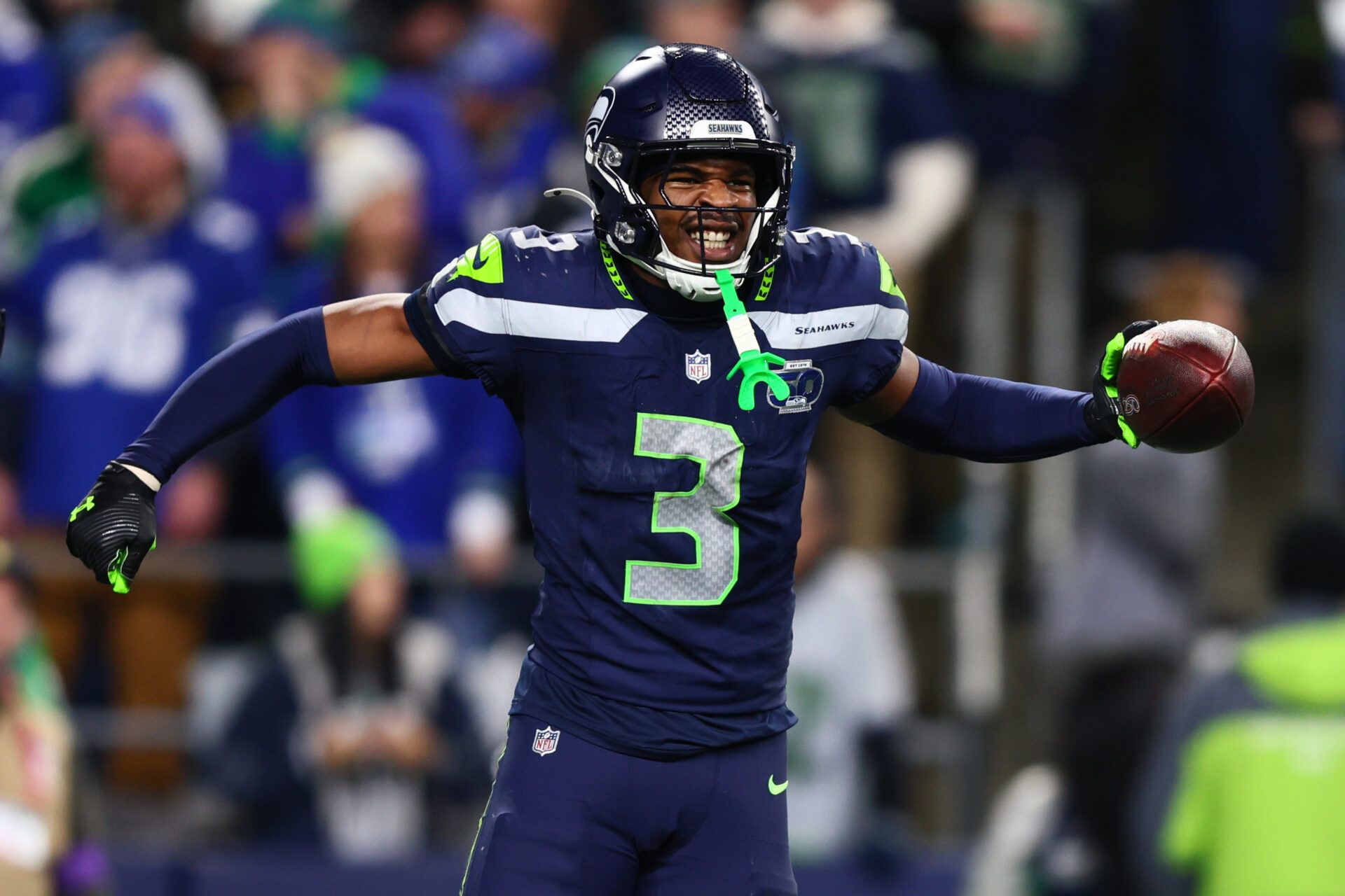 Seattle Seahawks safety Nick Emmanwori (3) reacts after a fumble recovery against the San Francisco 49ers during the second half in an NFC Divisional Round game at Lumen Field.