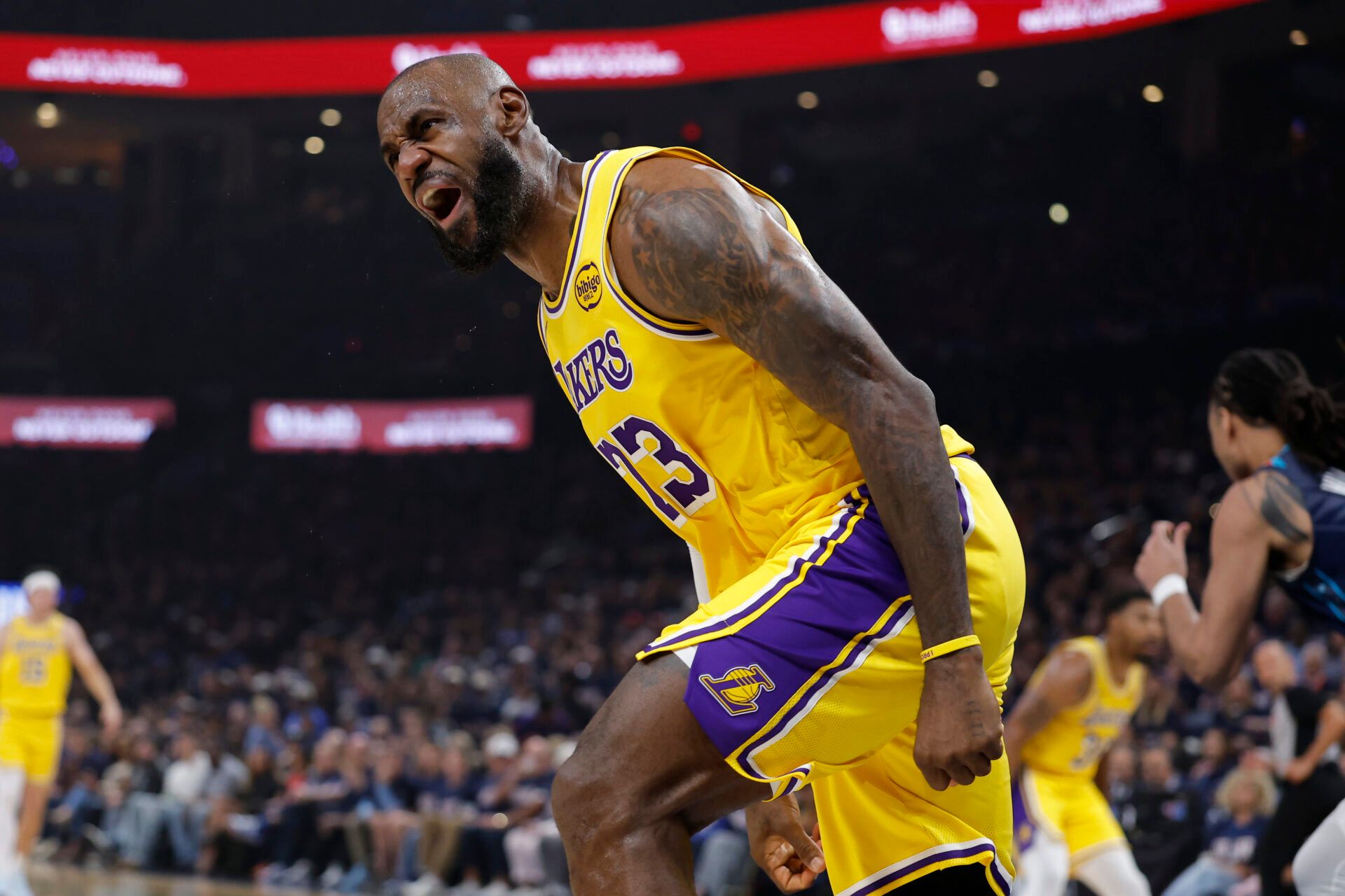Los Angeles Lakers forward LeBron James (23) reacts after a play against the Oklahoma City Thunder in the first half during game two of the second round of the 2026 NBA Playoffs at Paycom Center.