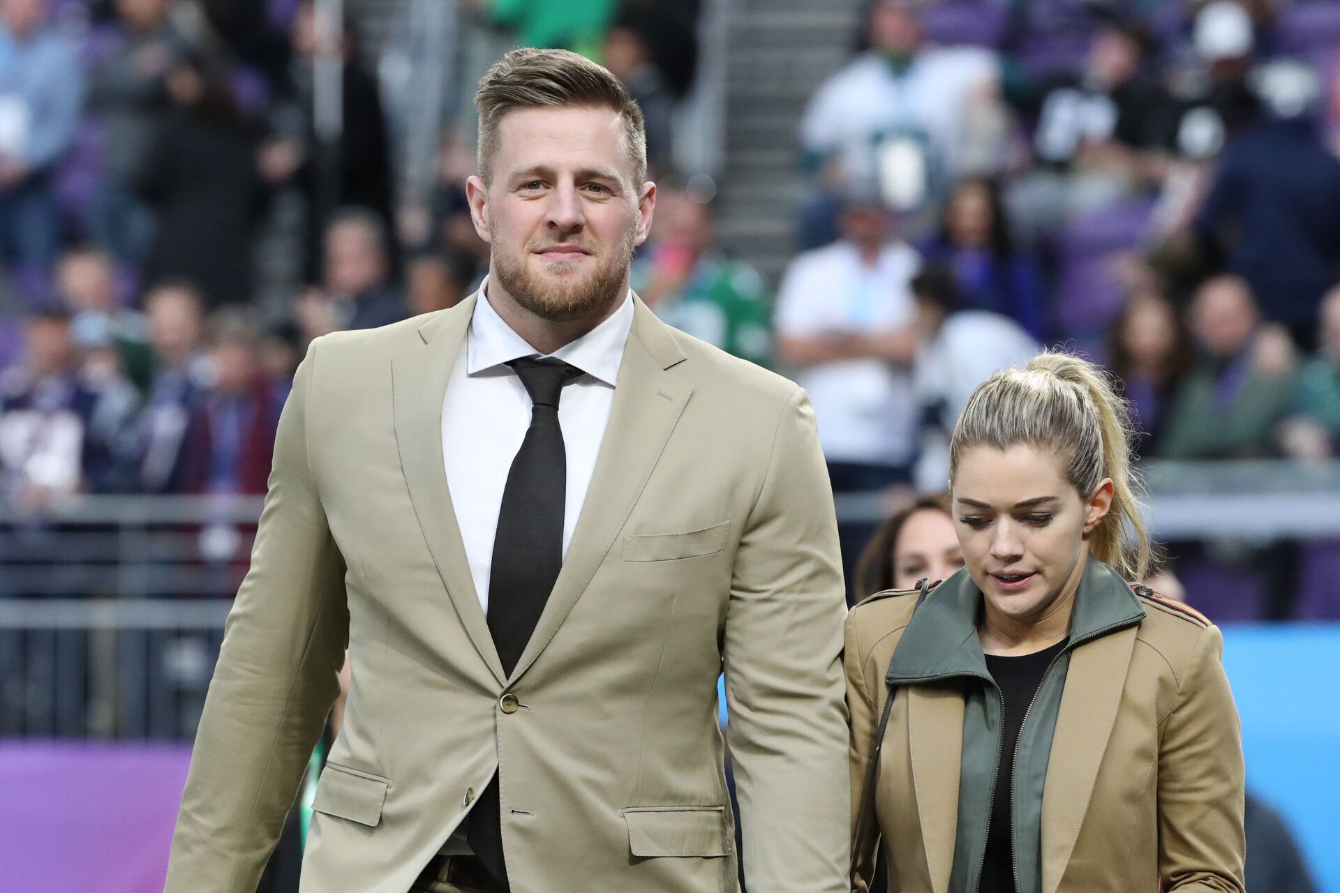 Houston Texans defensive end J.J. Watt and girlfriend Kealia Ohai look on prior to Super Bowl LII between the New England Patriots and the Philadelphia Eagles at U.S. Bank Stadium.