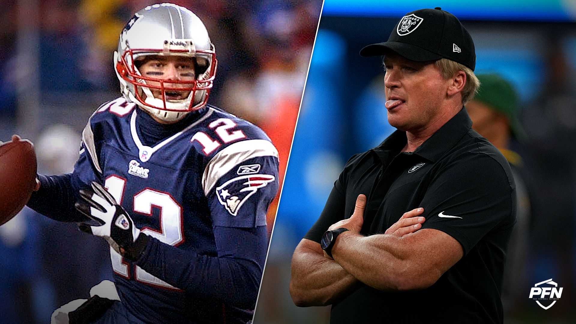 Collage featuring Patriots' quarterback Tom Brady rolls out vs. Tennessee January 10, 2004. and FOOTBALL-NFL-LAC-OAK/.