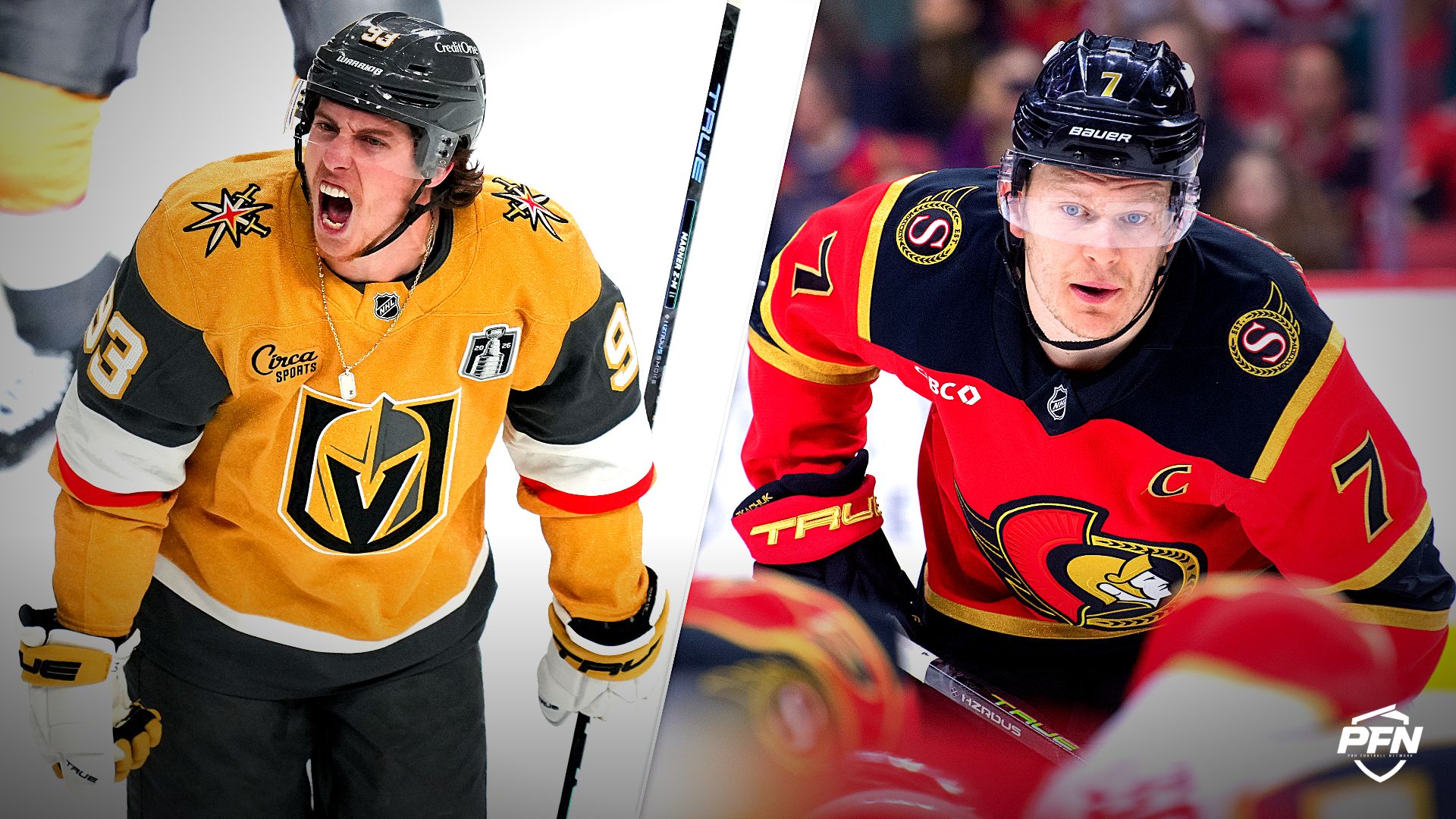 Vegas Golden Knights' Mitch Marner and Florida Panthers' Brady Tkachuk.