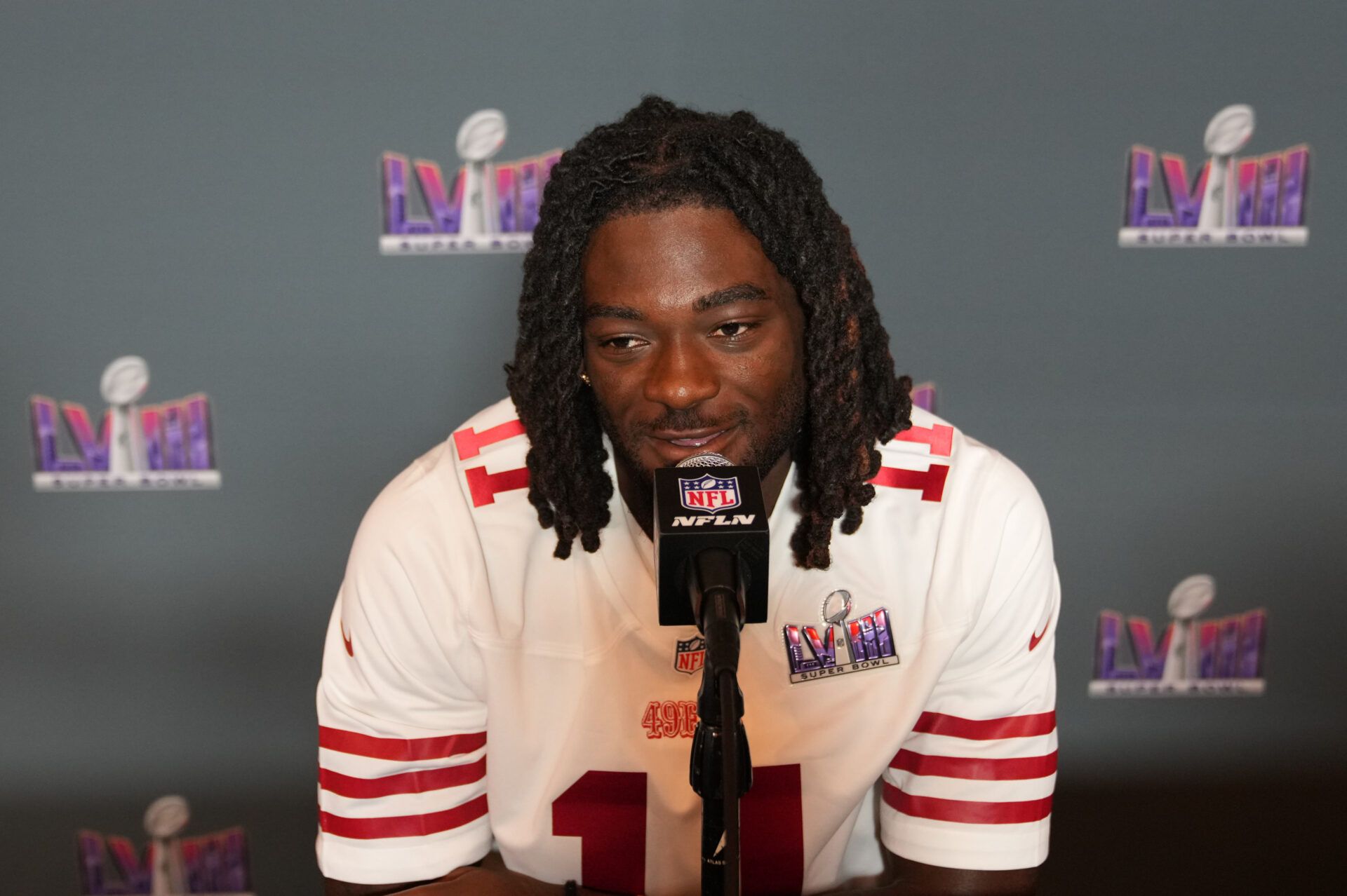 San Francisco 49ers wide receiver Brandon Aiyuk (11) during a press conference before Super Bowl LVIII at Hilton Lake Las Vegas Resort and Spa.