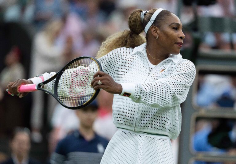 Serena Williams of the United States warms up for her match against Maya Joint of Australia on day two at All England Lawn Tennis and Croquet Club.