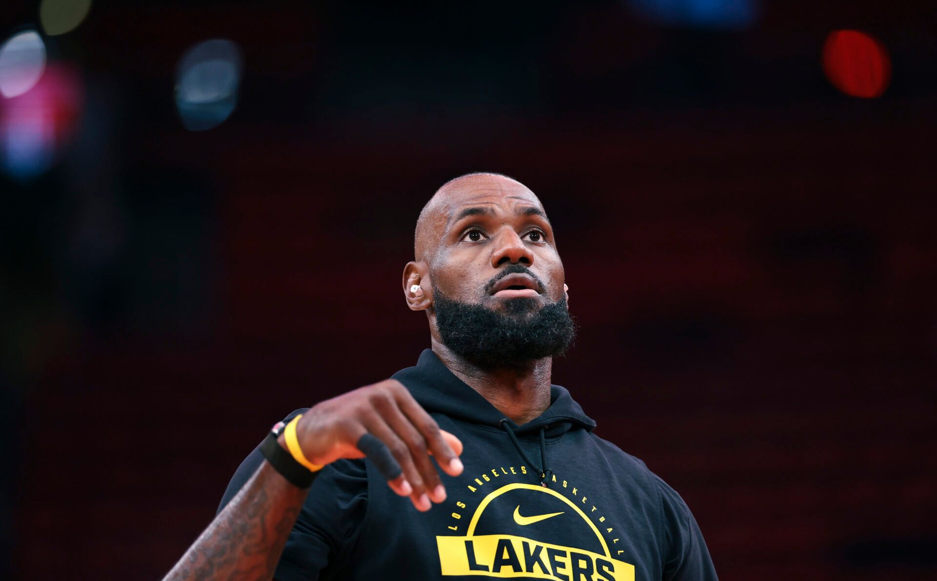 Los Angeles Lakers forward LeBron James (23) warms up before game three of the first round of the 2026 NBA Playoffs against the Houston Rockets at Toyota Center.