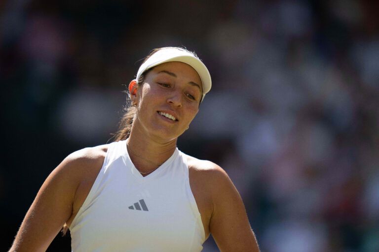 Jessica Pegula of the United States reacts during  her match against Iva Jovic of the United States on day seven at All England Lawn Tennis and Croquet Club.