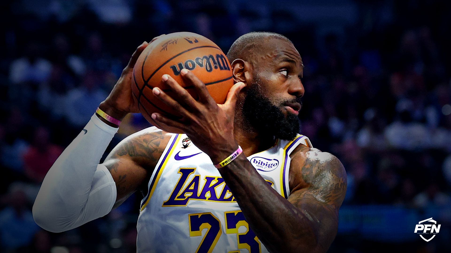 Los Angeles Lakers forward LeBron James (23) grabs a rebound during the first quarter against the Dallas Mavericks at American Airlines Center.