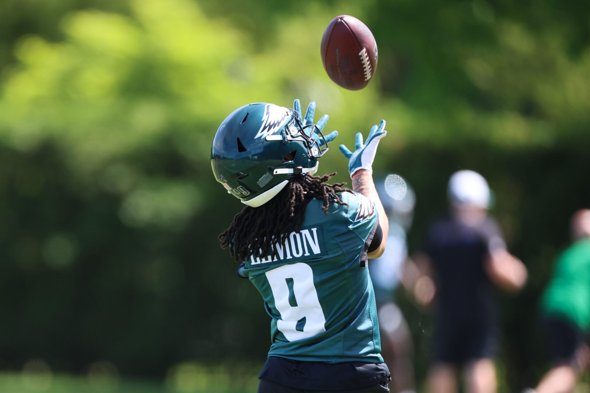 Philadelphia Eagles wide receiver Makai Lemon (9) runs drills during rookie minicamp at NovaCare Complex.