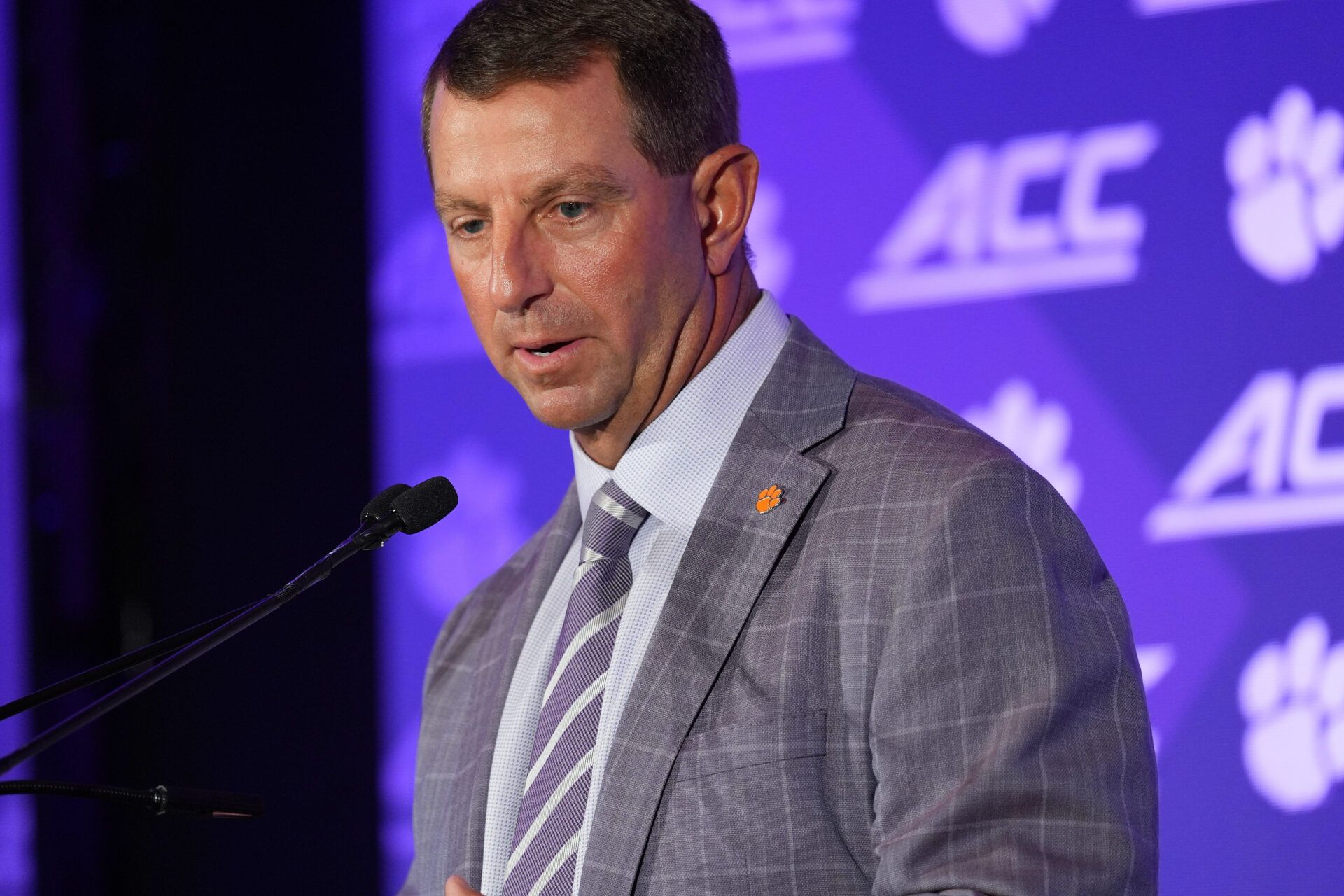 Clemson head coach Dabo Swinney speaks to the media during Media Day at Hilton Charlotte Uptown.