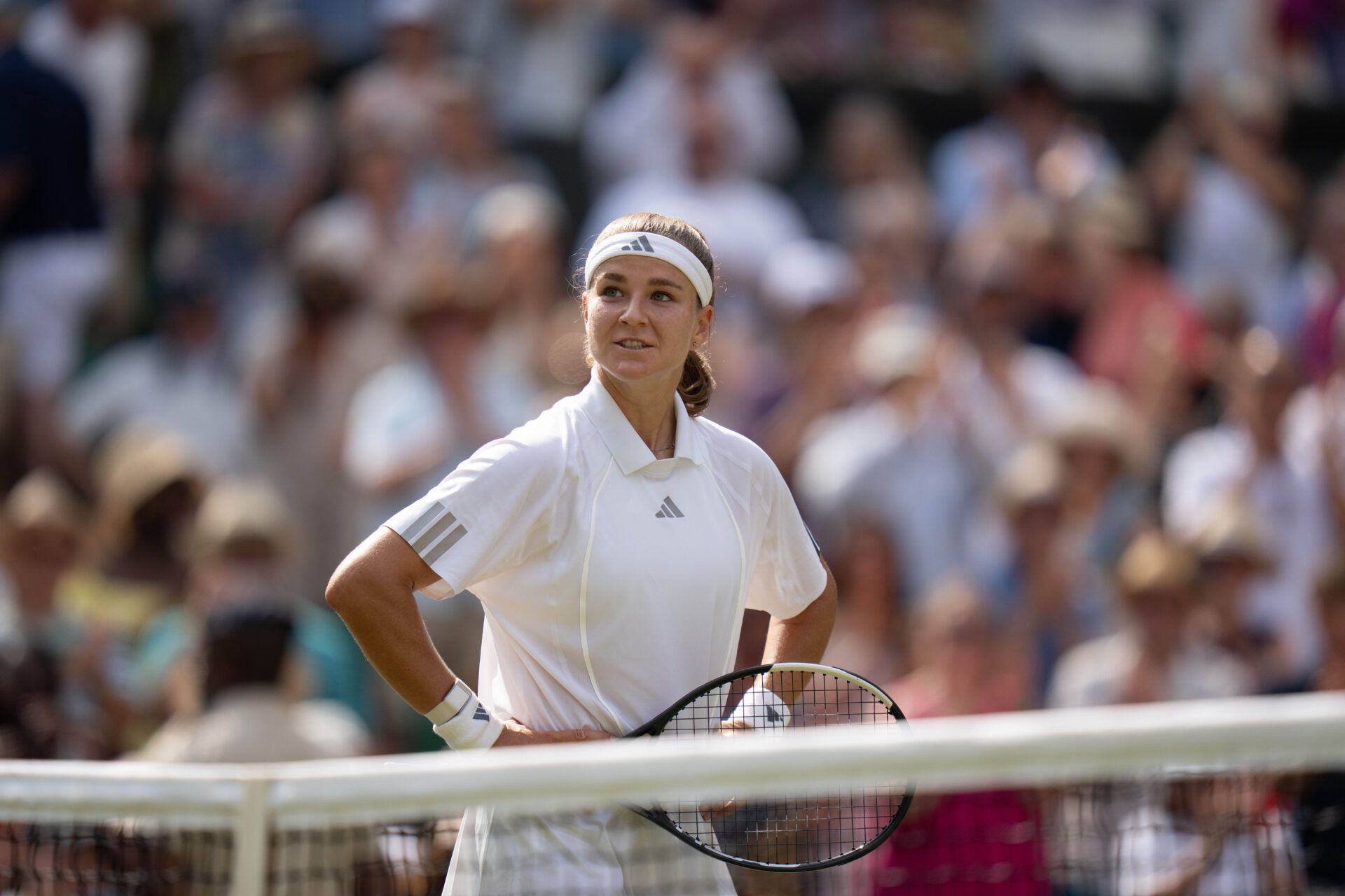 Karolina Muchova of the Czech Republic celebrates winning her match against Coco Gauff of the United States on day 11 at All England Lawn Tennis and Croquet Club.