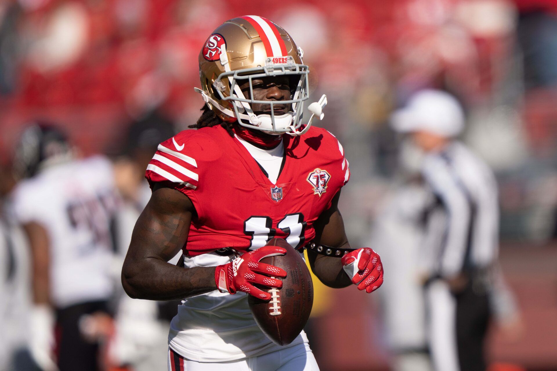 San Francisco 49ers wide receiver Brandon Aiyuk (11) during warmups before the start of the game against the Atlanta Falcons at Levi's Stadium.