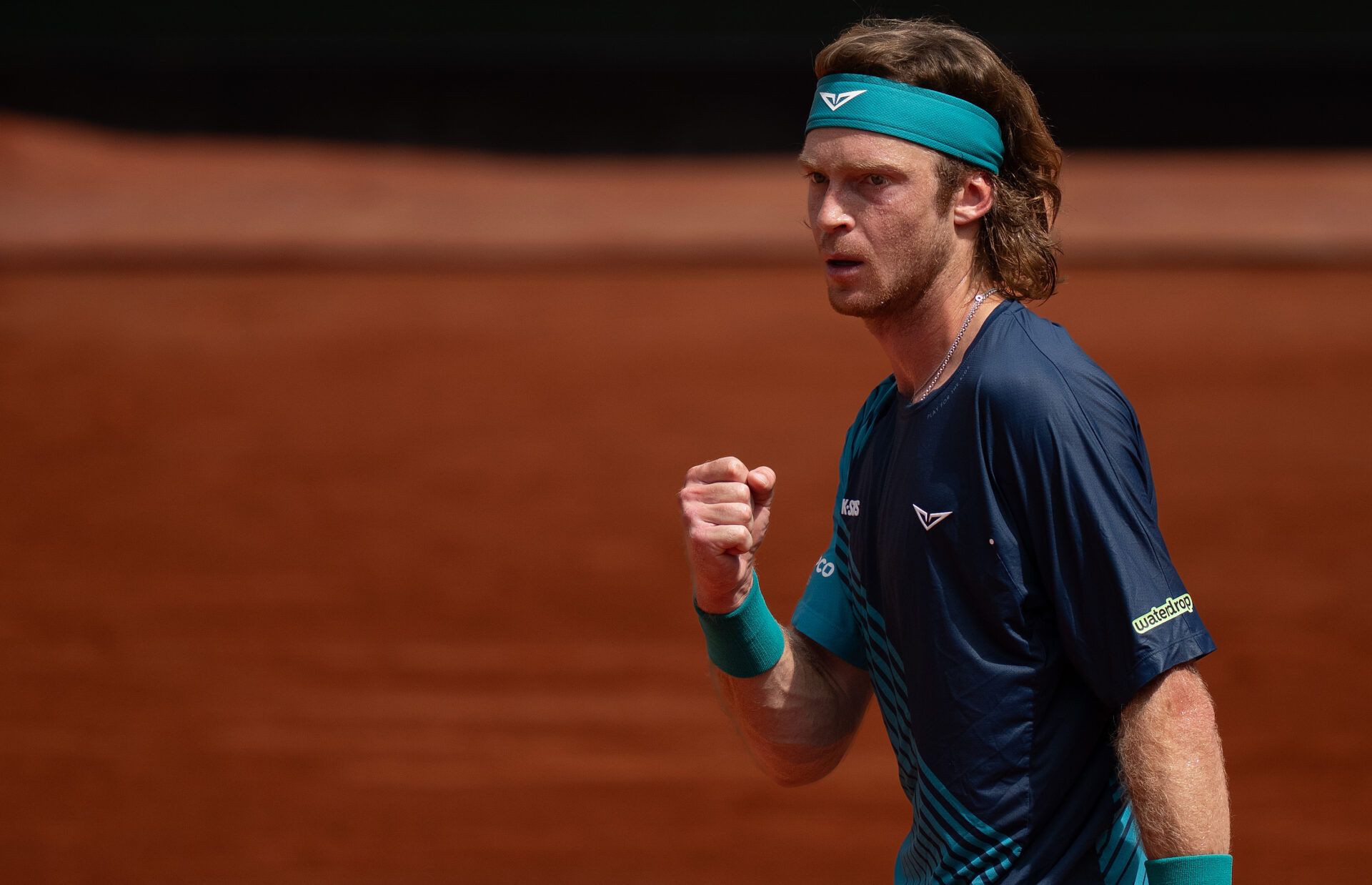 Andrey Rublev reacts during his match against Nuno Borges of Portugal on day six at Stade Roland Garros.