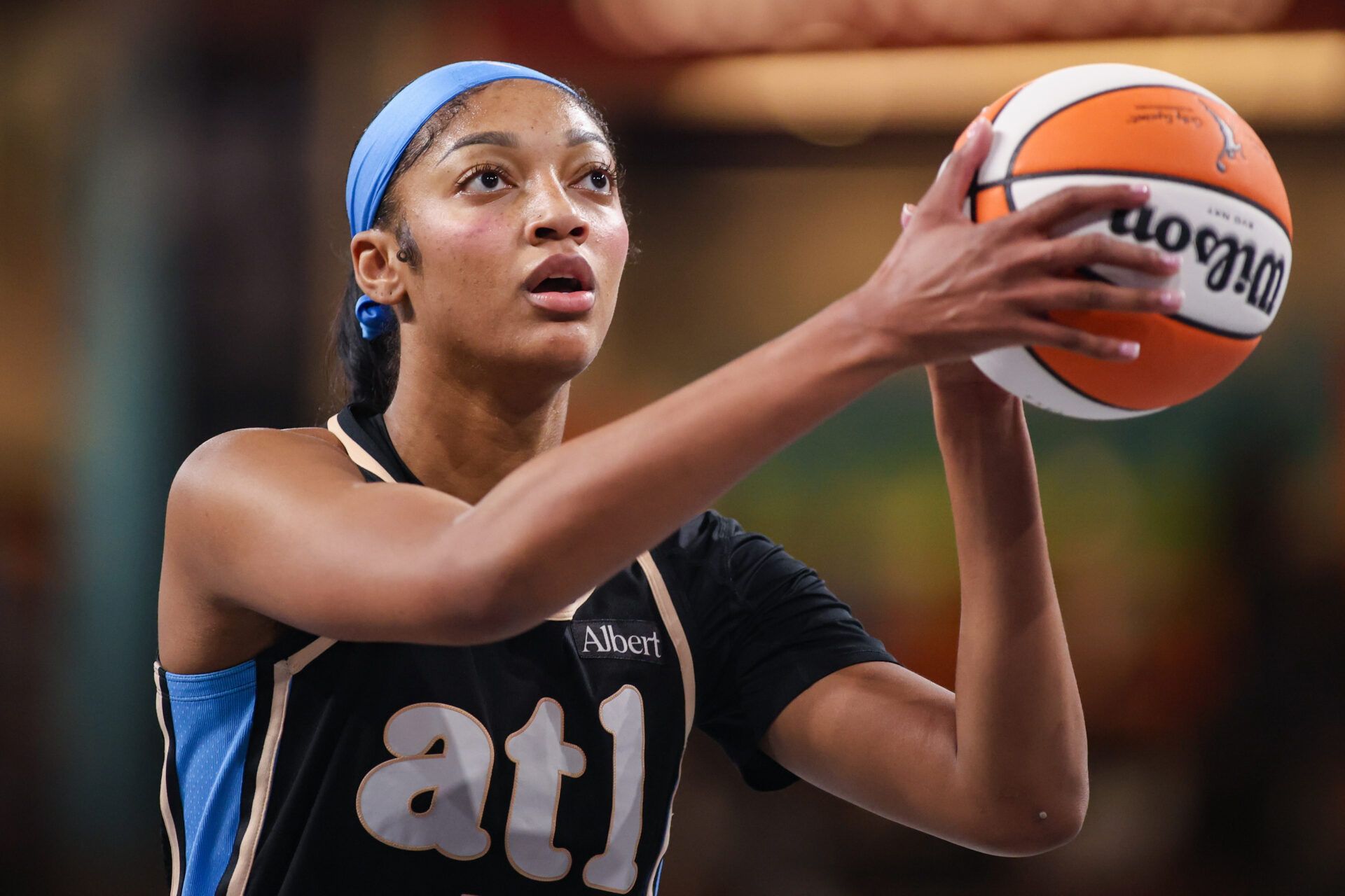 Atlanta Dream forward Angel Reese (5) shoots a free throw against the Seattle Storm in the first quarter at Gateway Center Arena at College Park.