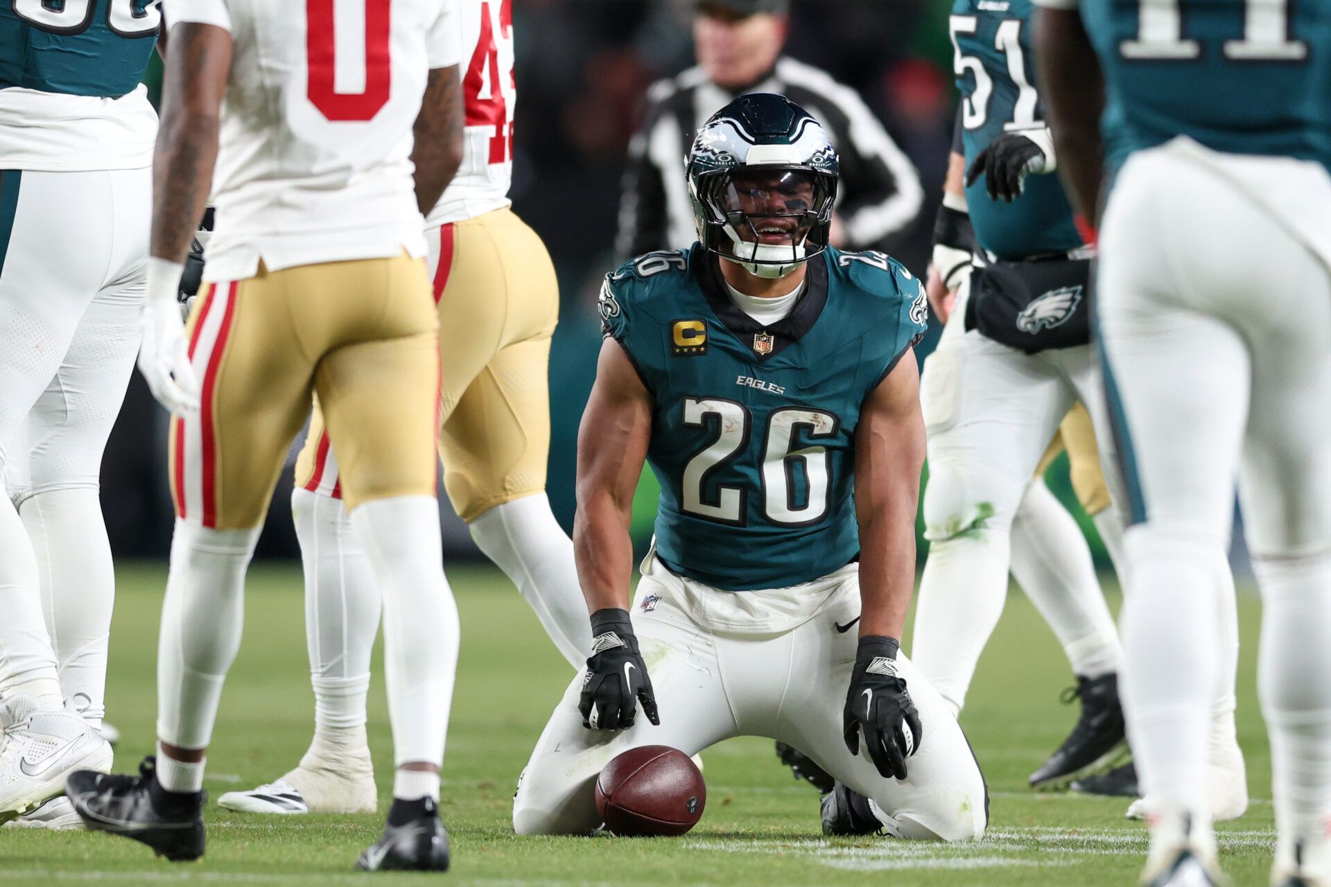 Philadelphia Eagles running back Saquon Barkley (26) reacts after a play against the San Francisco 49ers during the second quarter in an NFC Wild Card Round game at Lincoln Financial Field.