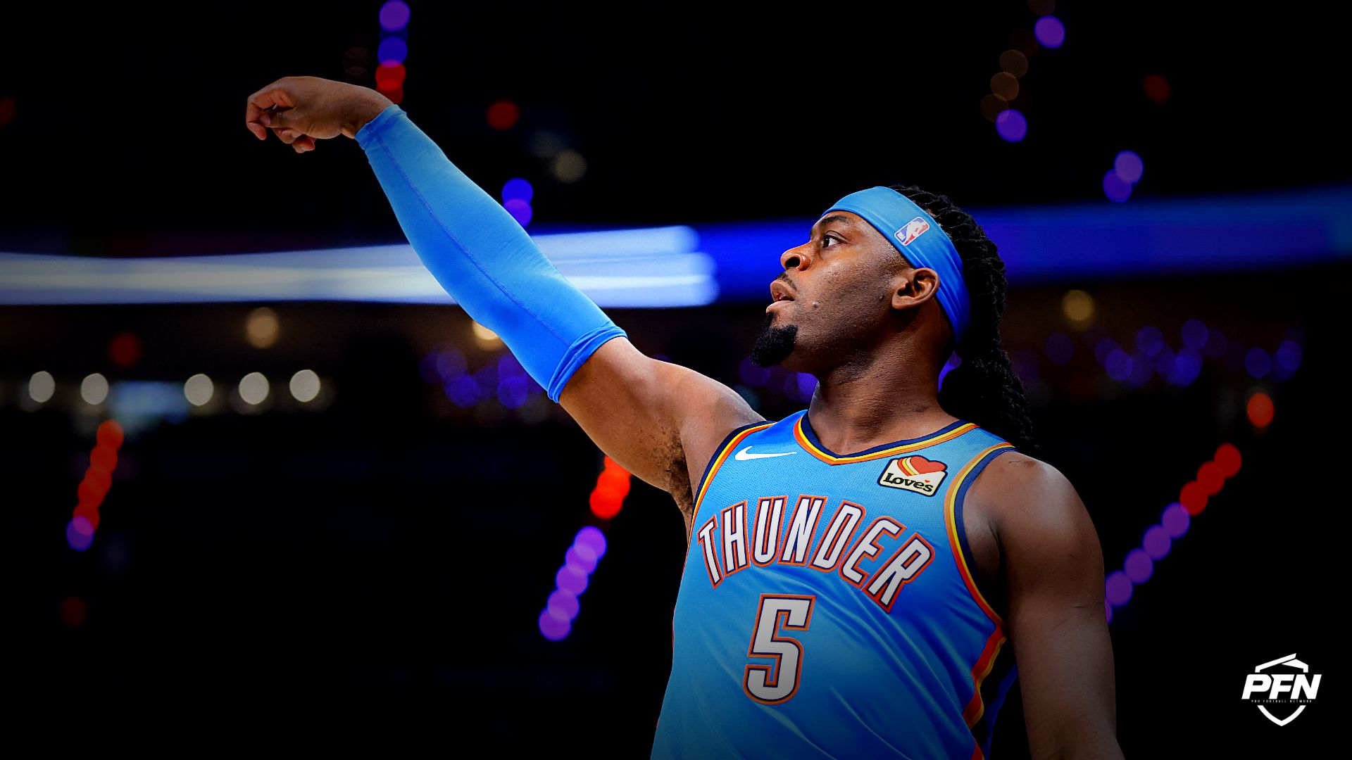 Oklahoma City Thunder forward Luguentz Dort (5) shoots in the third quarter against the San Antonio Spurs during game one of the western conference finals for the 2026 NBA playoffs at Paycom Center.
