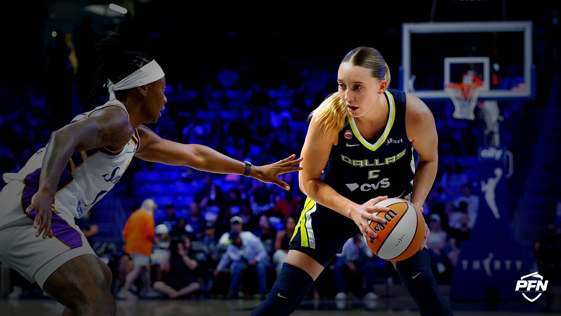 Dallas Wings guard Paige Bueckers (5) controls the ball as Los Angeles Sparks guard Erica Wheeler (17) defends during the first half at College Park Center.