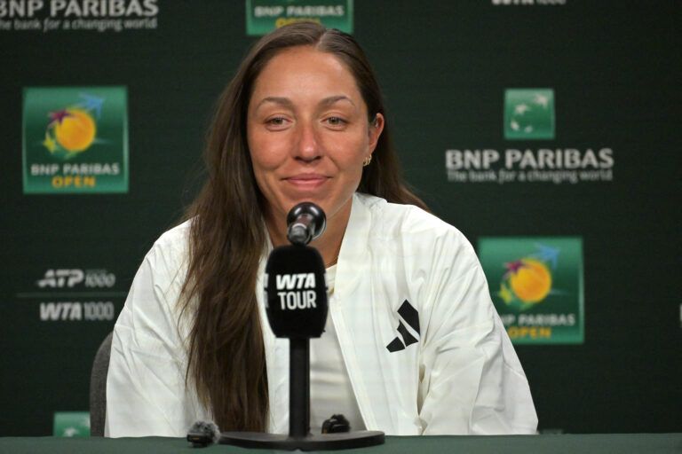 Jessica Pegula (USA) speaks to the media at a news conference during the BNP Paribas Open at the Indian Wells Tennis Garden.