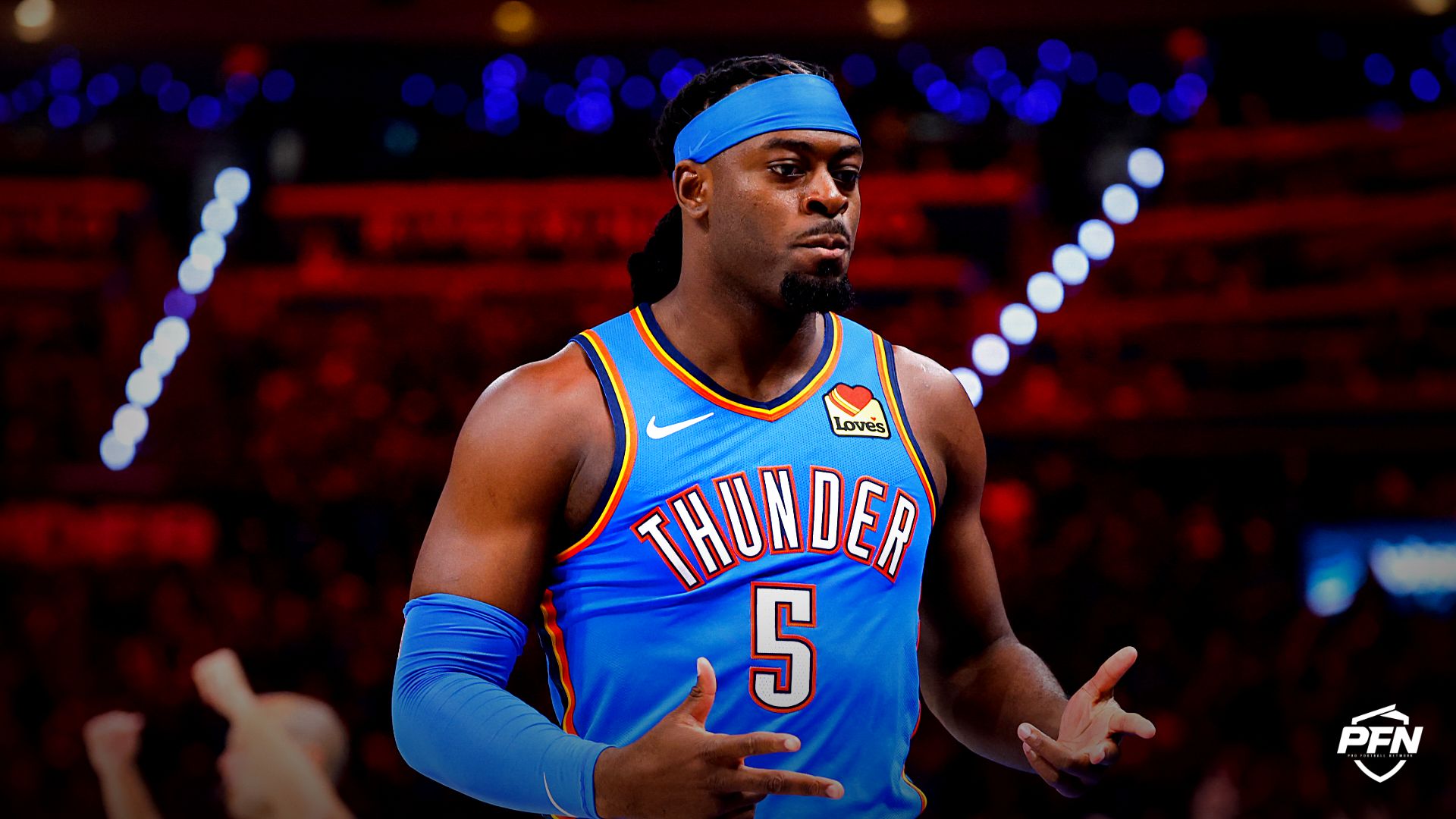 Oklahoma City Thunder forward Luguentz Dort (5) celebrates in the third quarter against the San Antonio Spurs during game one of the western conference finals for the 2026 NBA playoffs at Paycom Center.