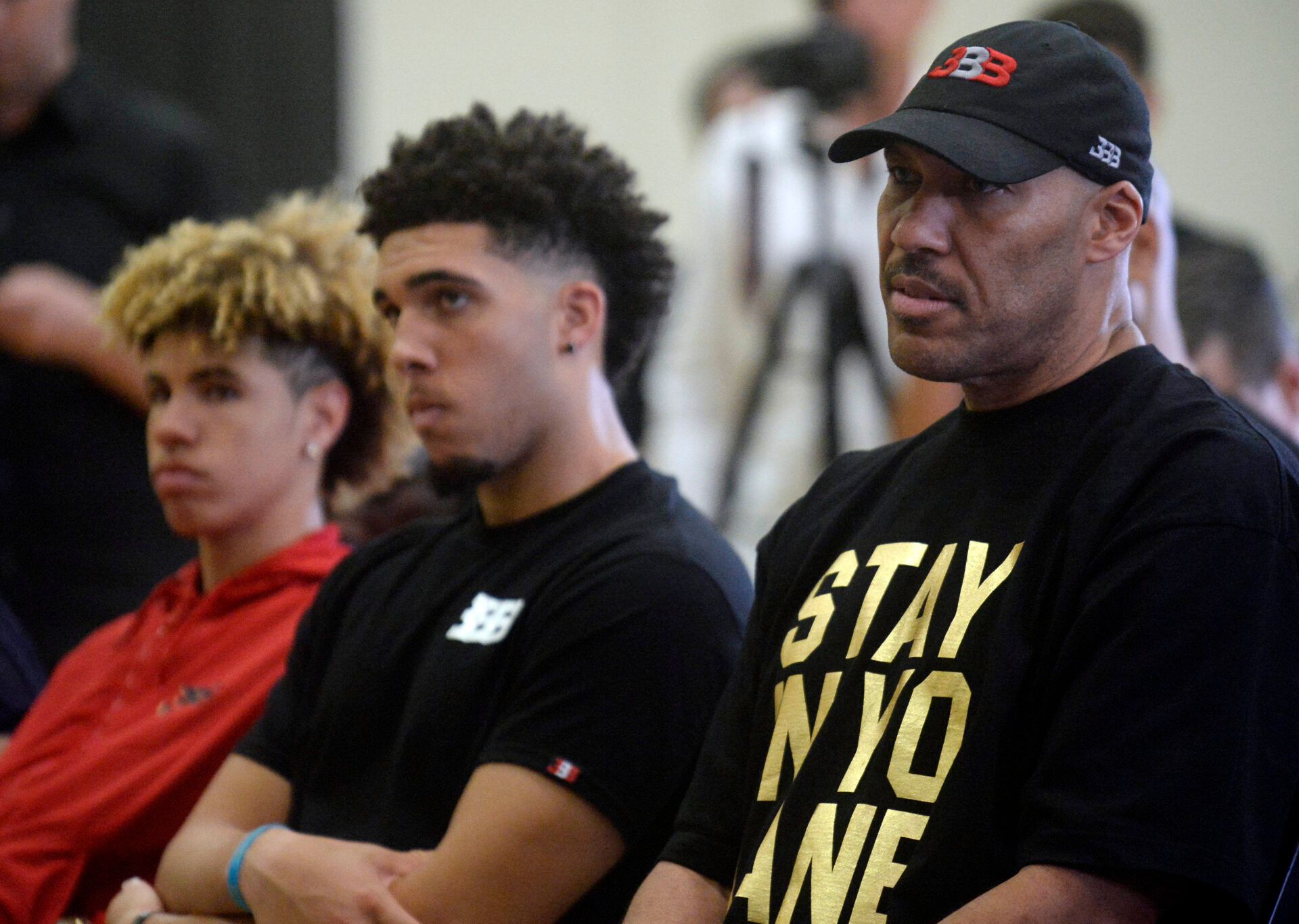 LaVar Ball the father of newly drafted Los Angeles Lakers player Lonzo Ball with sons LaMelo Ball and LiAngelo Ball in attendance at Toyota Sports Center.