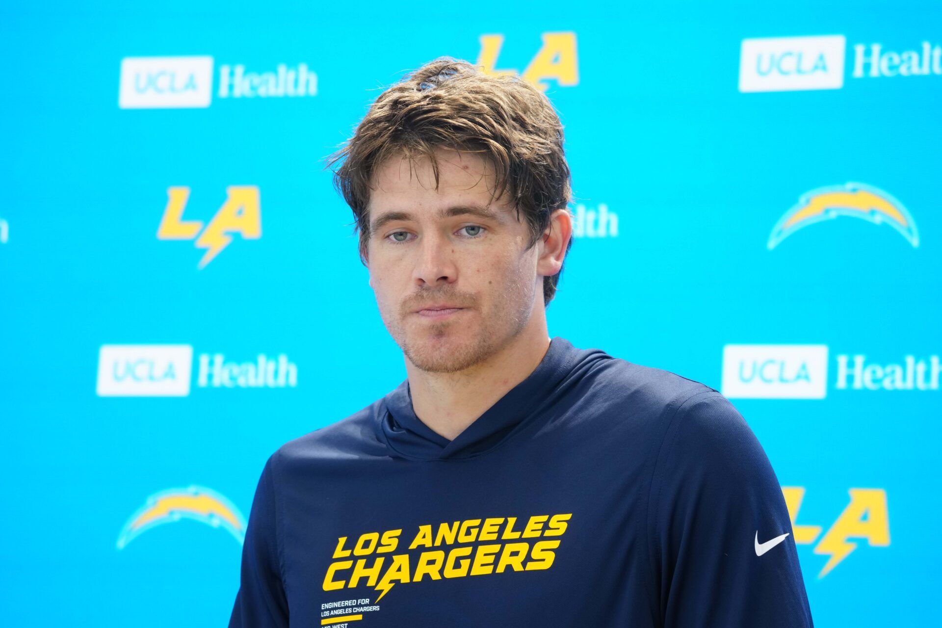 Los Angeles Chargers quarterback Justin Herbert at press conference during minicamp at The Bolt.