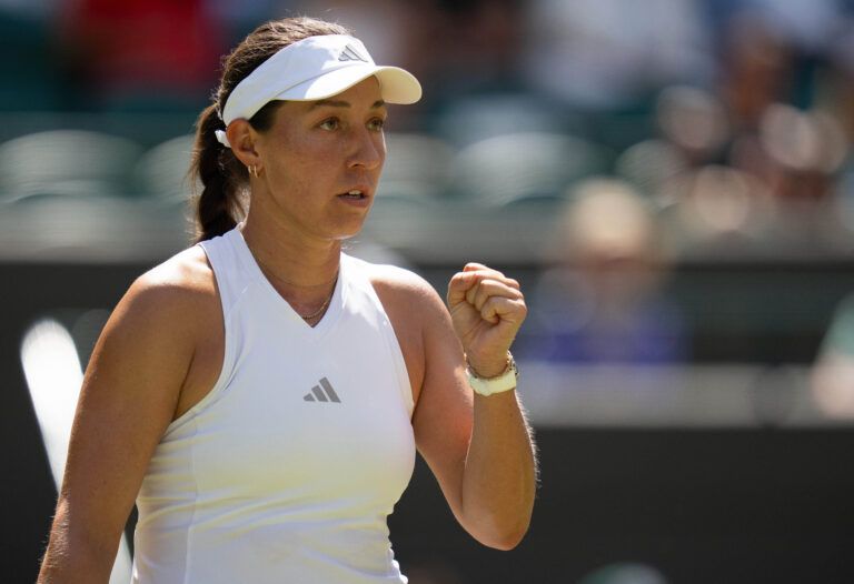 Jessica Pegula of the United States reacts during  her match against Iva Jovic of the United States on day seven at All England Lawn Tennis and Croquet Club.