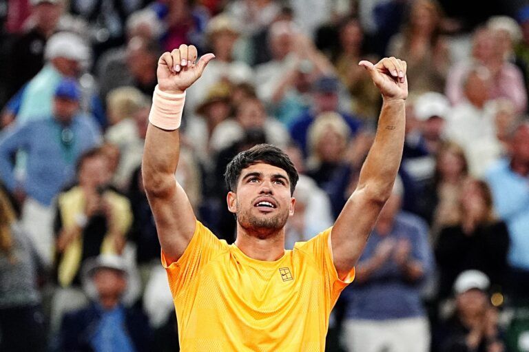 Carlos Alcaraz defeated Arthur Rinderknech 6-7, 6-3, 6-2 in their BNP Paribas Open third-round match on Stadium 1 at the Indian Wells Tennis Garden in Indian Wells, Calif., on Monday, March 9, 2026.