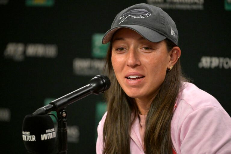 Jessica Pegula (USA) talks to the media during a news conference during the BNP Paribas Open at the Indian Well Tennis Garden.