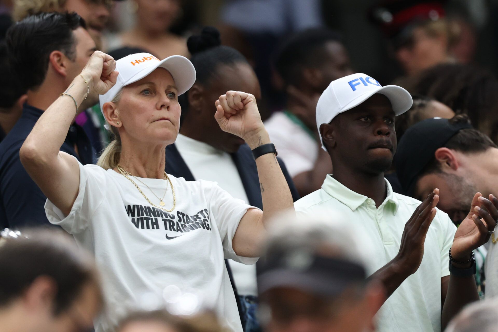 Rennae Stubbs, coach of Serena Williams (USA) (not pictured), gestures to Williams after a second set tiebreaker against Maya Joint (AUS) (not pictured) on day two of The Championships Wimbledon 2026 at All England Lawn Tennis and Croquet Club.