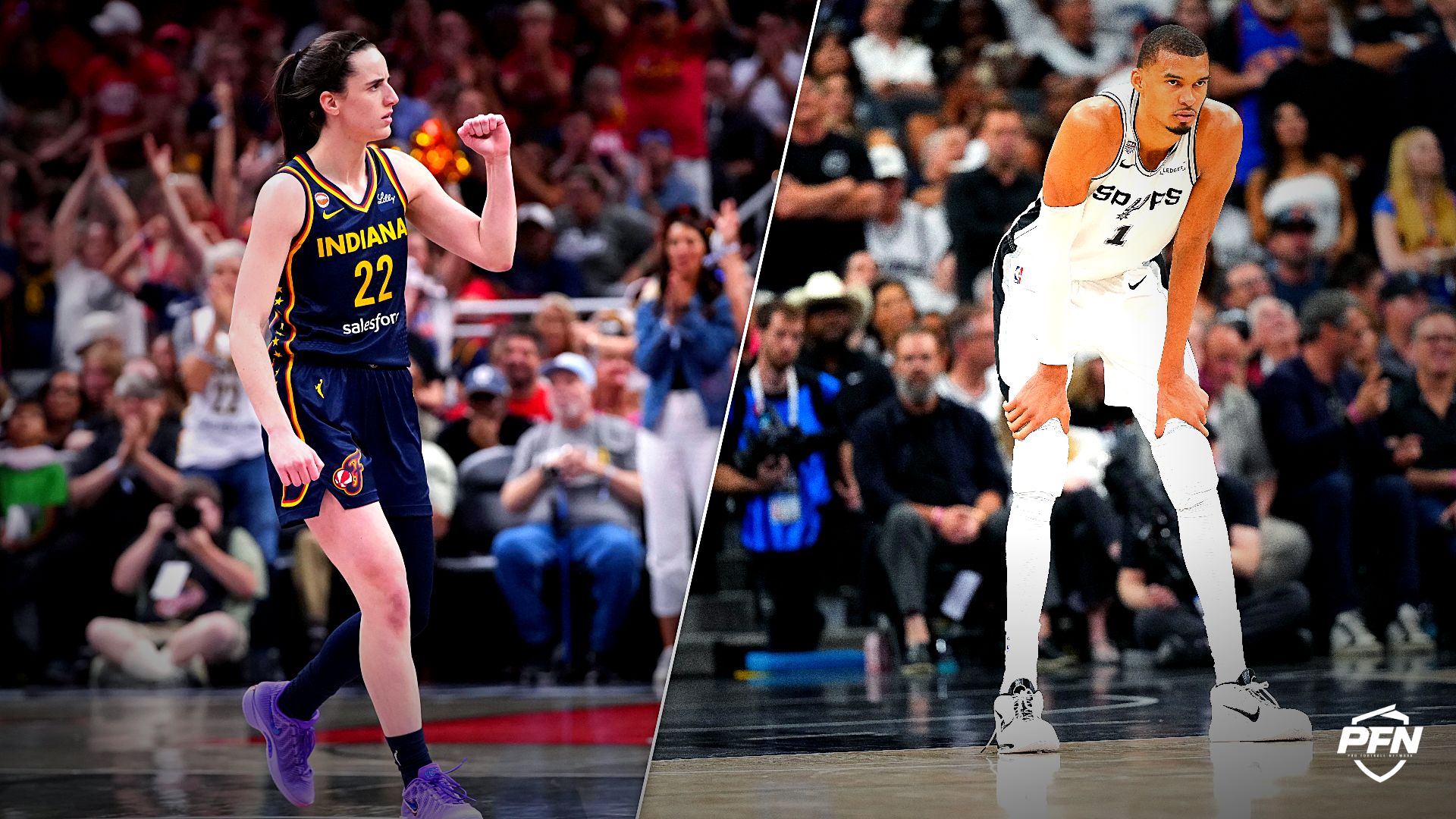 Collage featuring Indiana Fever guard Caitlin Clark (22) celebrates Saturday, July 18, 2026, during the second half of a game at Gainbridge and BASKETBALL-NBA-SAS-NYK/.