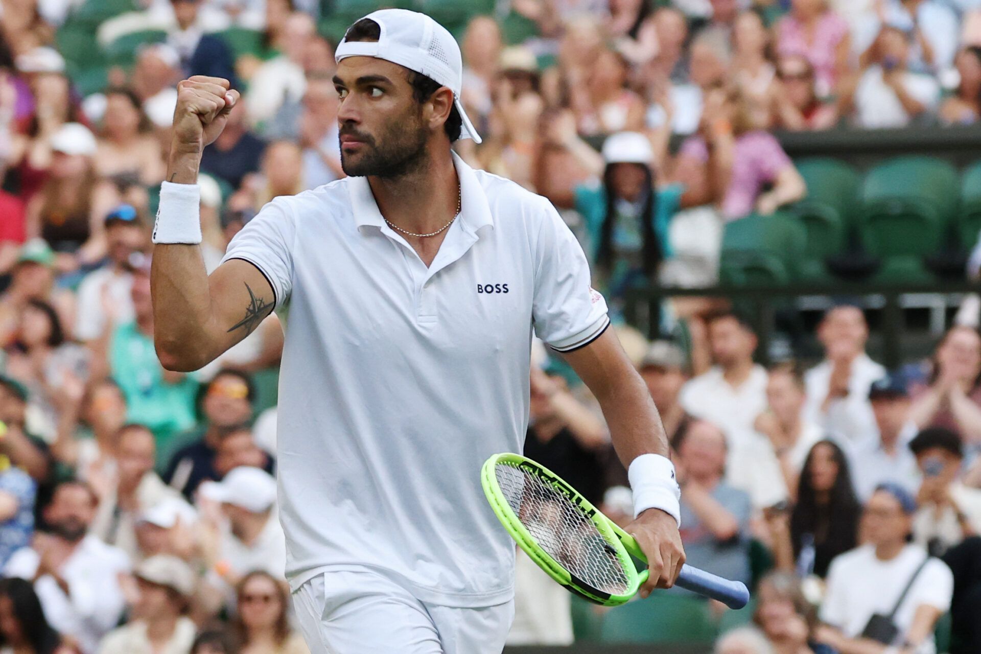 Matteo Berrettini (ITA) reacts after winning a point against Grigor Dimitrov (BUL) (not pictured) on day six of The Championships Wimbledon 2026 at All England Lawn Tennis and Croquet Club.