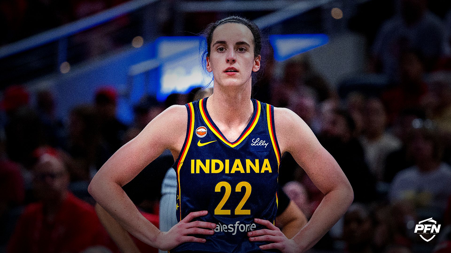 Indiana Fever guard Caitlin Clark (22) in the second half against the New York Liberty at Gainbridge Fieldhouse.