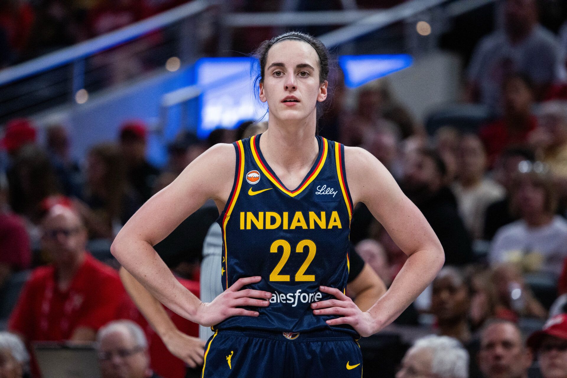 Indiana Fever guard Caitlin Clark (22) in the second half against the New York Liberty at Gainbridge Fieldhouse.
