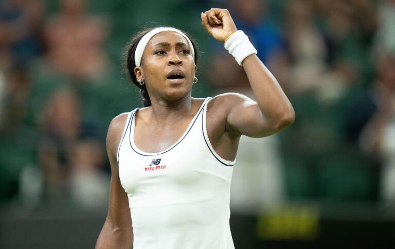 Coco Gauff of the United States reacts during her match against Belinda Bencic of Switzerland on day seven at All England Lawn Tennis and Croquet Club.