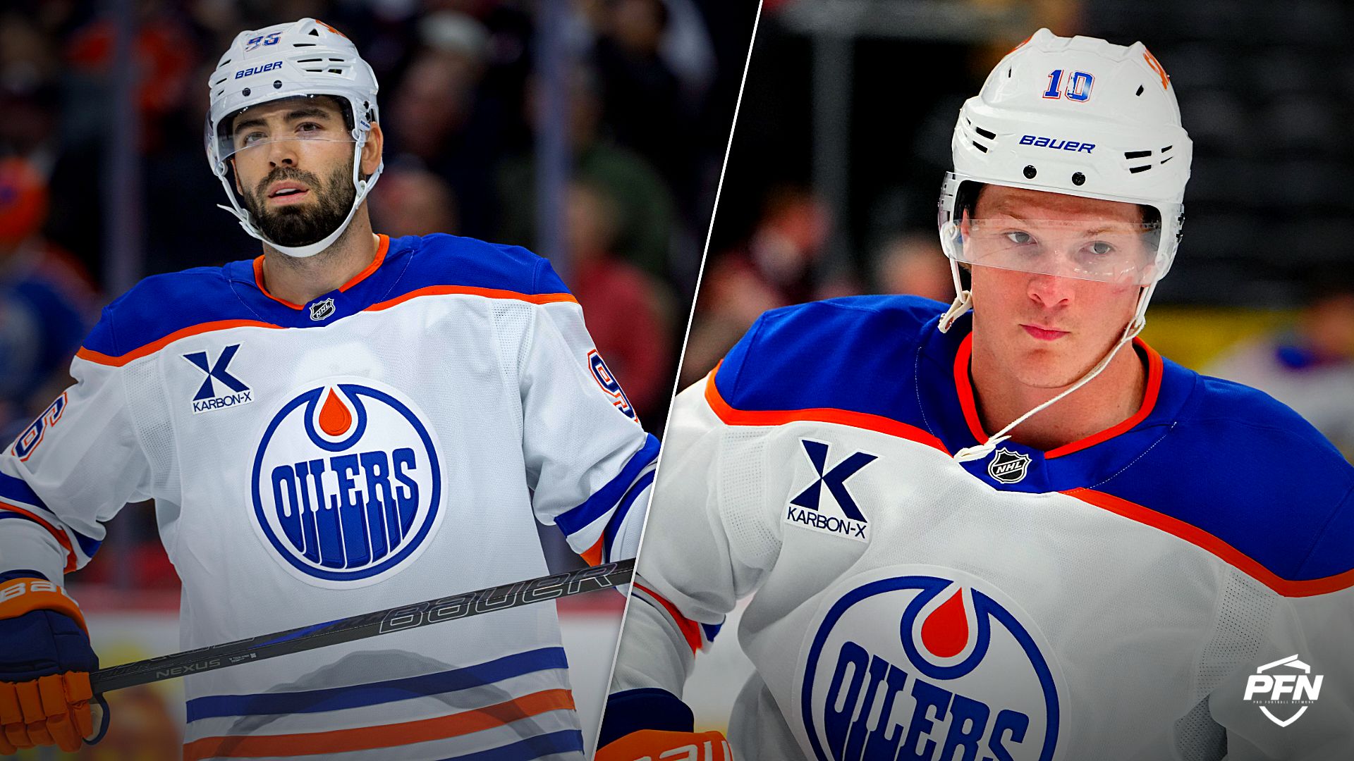 Edmonton Oilers defenseman Jake Walman and Edmonton Oilers forward Trent Frederic.