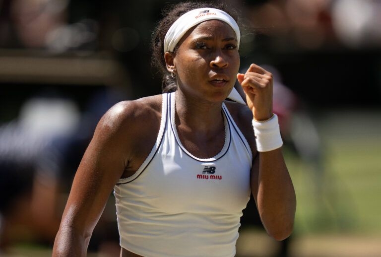 Coco Gauff of the United States reacts during her match against Jessica Pegula of the United States on day nine at All England Lawn Tennis and Croquet Club.