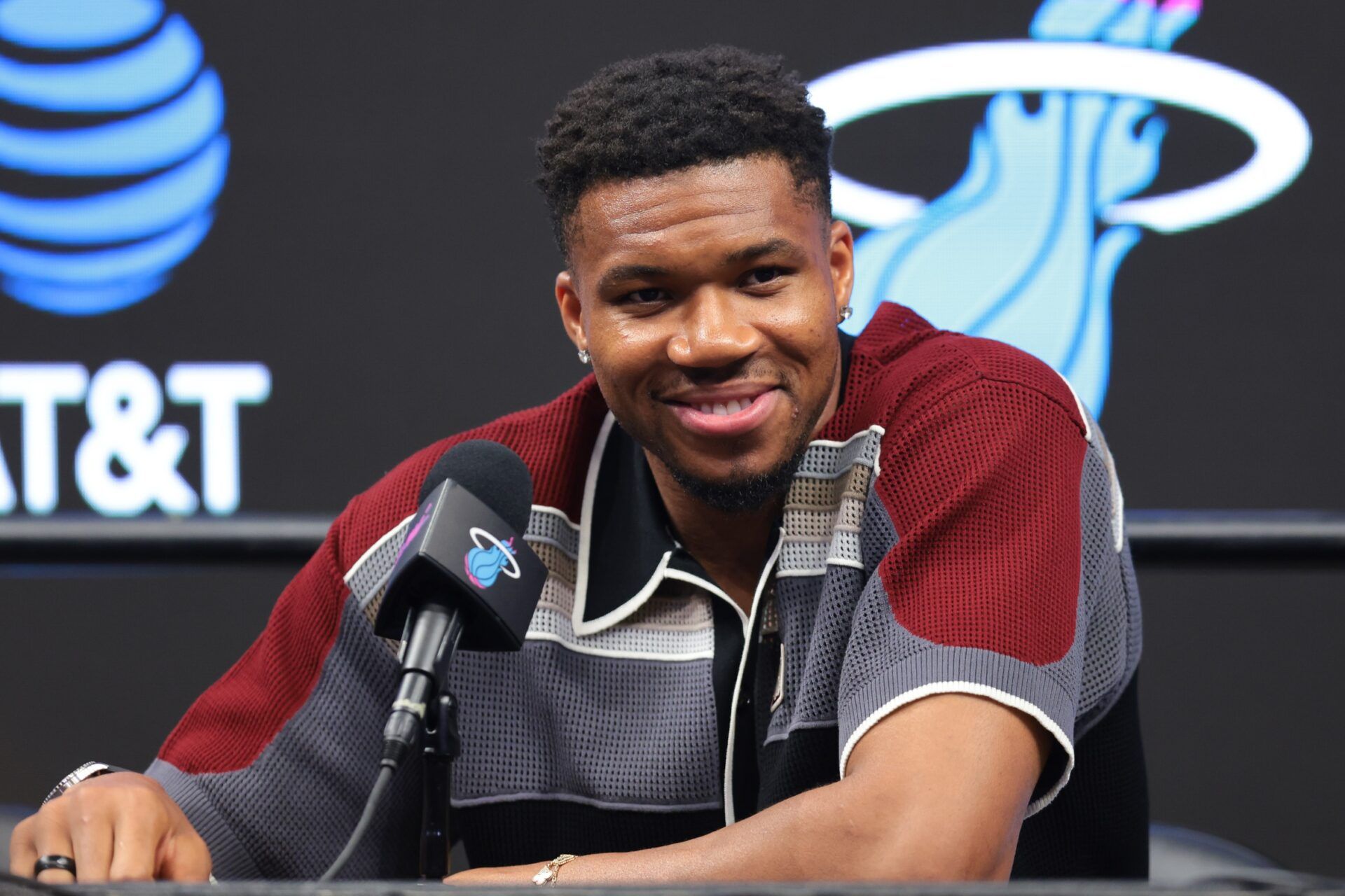 Miami Heat forward Giannis Antetokounmpo (7) speaks to reporters during his introductory press conference at Kaseya Center.